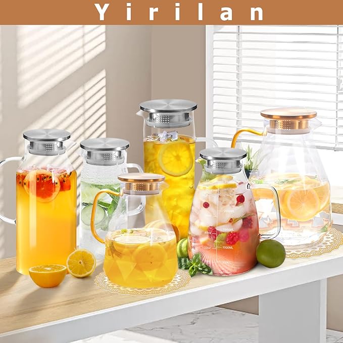 Yirilan Glass Pitcher, 3 Liter Water Carafe With Lid, Iced Tea Pitcher for Fridge