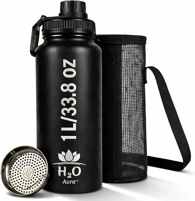 Premium 1 Liter Water Bottle (33.8 oz) with Carrying Case & Strap - Double Wall Vacuum Insulated Stainless Steel Water Bottle - Leakproof Lid, Wide Mouth, BPA-Free, Removable Strainer – Black