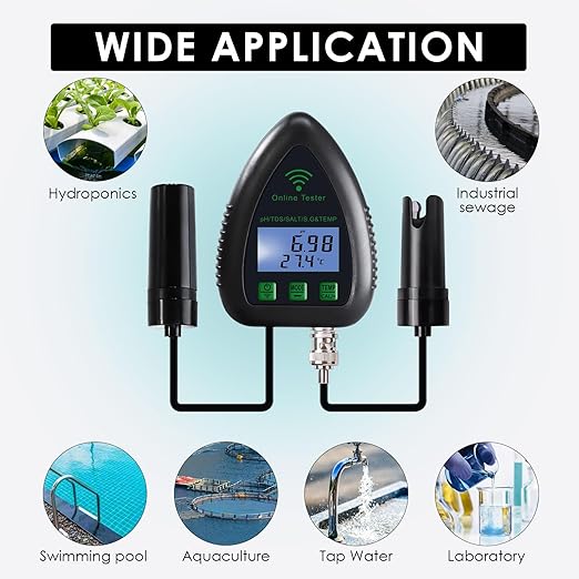 Online APP Monitoring WiFi Water Quality Tester pH/TDS/Salt/S.G/Temperature for Aquarium Hydroponics Pool Aquaculture with Easy Calibration