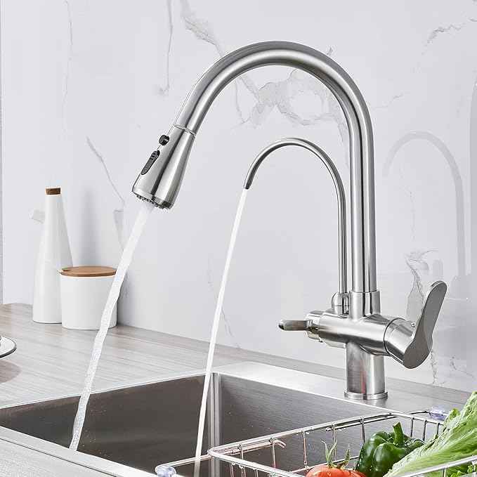 POPFLY Kitchen Faucet with Drinking Water Faucet, 3 in 1 Water Filter Purifier Faucet 2 Handles with Pull Down Sprayer, Brushed Nickel