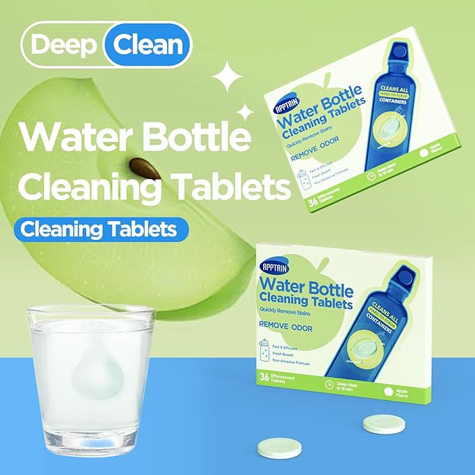 Water Bottle Cleaning Tablets, 36 Pack Bottle Clean Tablet Hydration Bladder Cleansing Tablets for Hydration Bladder, Water Bottle, Individually Packed, Apple Flavor