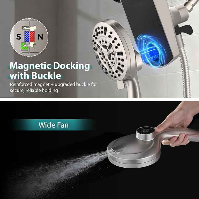 Rain Shower Head with Handheld: Foldable High Pressure Shower Heads with Handheld Spray Combo, 9 Spray Settings/Modes Hand Held Showerhead Dual Rainfall Shower Head Built-in Magnetic Docking and Jets