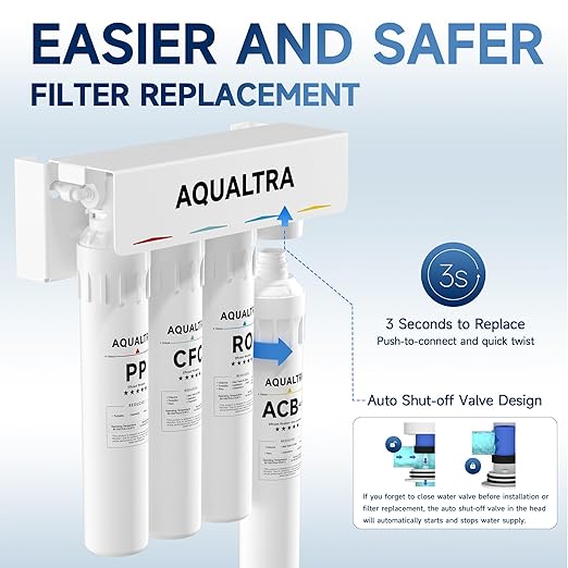 AQUALTRA USF-4RF-100 100 GPD Alkaline Reverse Osmosis System 3: 1 Pure to Drain Under Sink Water Filtration System with Dedicated Faucet