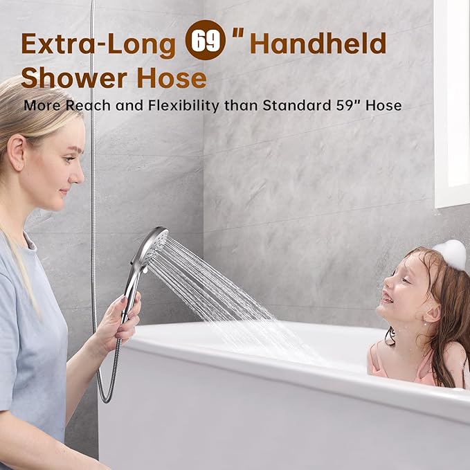 BRIGHT SHOWERS Rain Shower Head with Handheld Spray Built-in Power Wash, High Pressure Dual Shower Head with Adjustable Extension Arm, 3-Way Diverter, 9-Mode Handheld, 69” Long Hose, Brushed Nickel