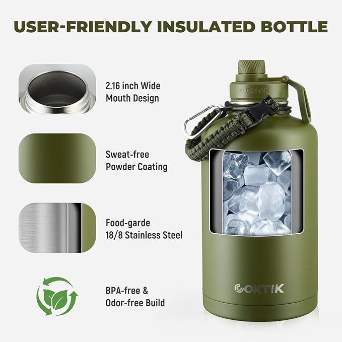 COKTIK 84oz Insulated Water Bottle - Stainless Steel Vacuum Metal, Portable ½ Gallon Large-Capacity Sports Bottle with Straw, Carry Bag and Handle Strap, Ideal for Gym & Hiking（Army Green)