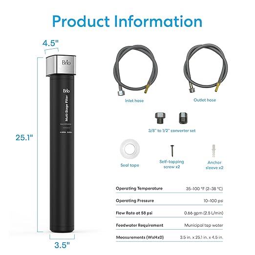 Brio 22" Under Sink Water Filter System for Kitchen & Bathroom Faucet | 3-Stage Single Housing 0.5 Micron Filters PFAS, Chlorine, Lead, Mercury+ | 21,000 Gallons/2 Years | NSF/ANSI 42 & 372 Certified