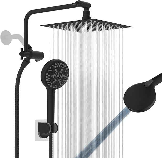 All Metal Shower Head, 8" High Pressure Rainfall/Handheld Shower Combo with 11" Extension Arm, 10-Spray Handheld Showerhead, 71" Long Hose, 3-Way Diverter Valve, Matte Black