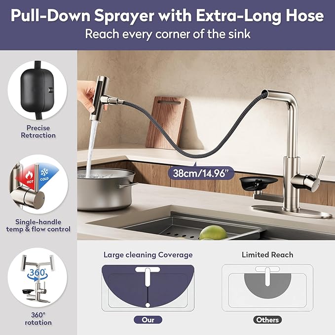 HOWUWEY Chrome Filtered Shower Sprayer with Sink Hose Attachment for Faucet & HOWUWEY Brushed Nickel Kitchen Faucet with Pull Down Sprayer & Cup Washer