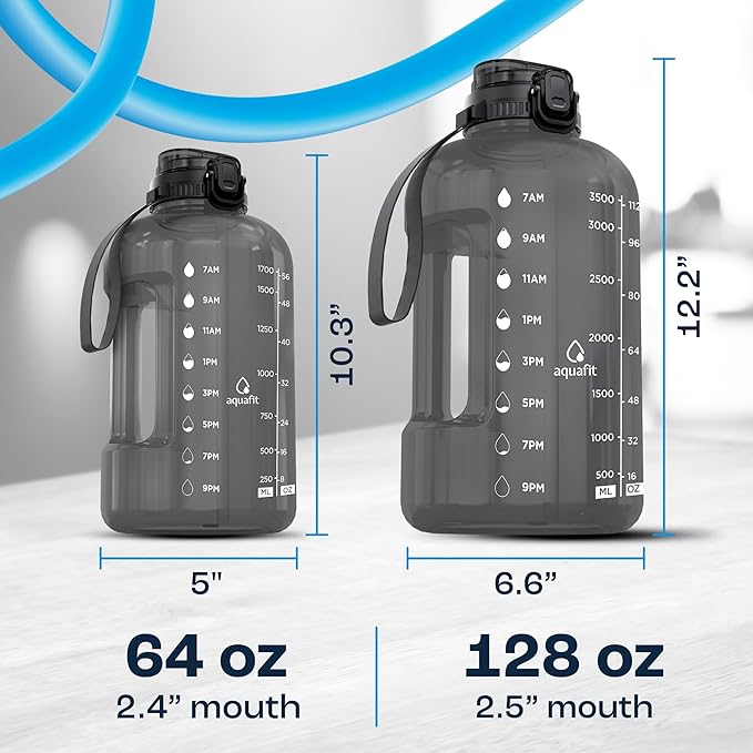 AQUAFIT 1 Gallon Water Bottle with Time Marker - Straw & Chug Lid - BPA Free Gym Water Bottle with Straw - Big Gallon Jug (Aqua, 128 oz - 2in1 Lid)