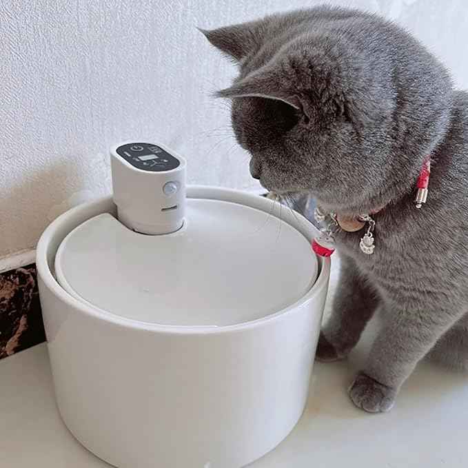 Cordless Ceramic Cat Water Fountain: 78oz/2.3L Automatic Super Silent Intelligent Sensor Cordless Pet Drinking Dispenser with 4000mAh Battery & 7 Filter Dog Water Bowl Dispenser - for Pets (White)