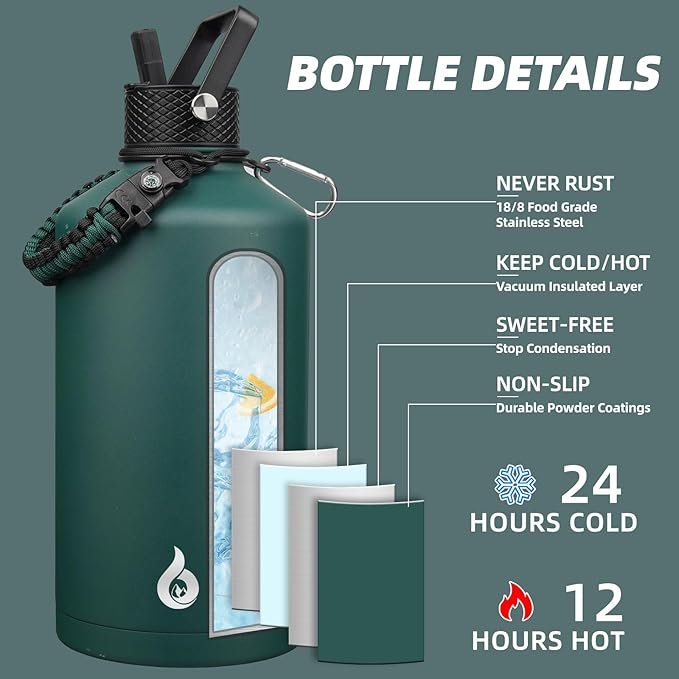 BJPKPK 1 Gallon Water Bottle with Straw Lid, 128oz Large, Stainless Steel Water Bottles with 3 Lids and Paracord Strap, Double Wall Vacuum Metal Water Jug, Army Green