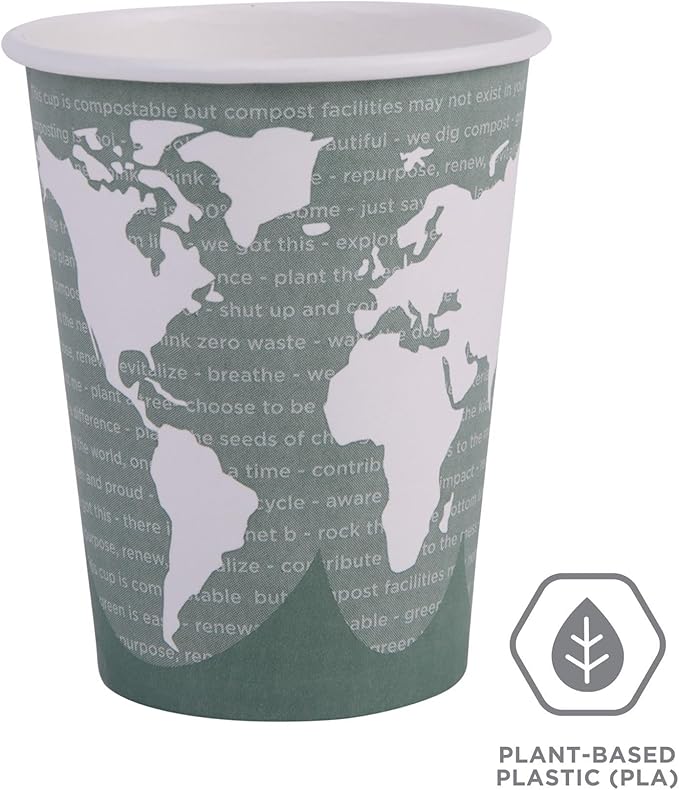 ECO PRODUCTS Compostable Disposable World Art 12oz Large Coffee Cups, Pack of 50, Renewable Hot Paper Cup, Plant Based PLA Lining, Color Coded