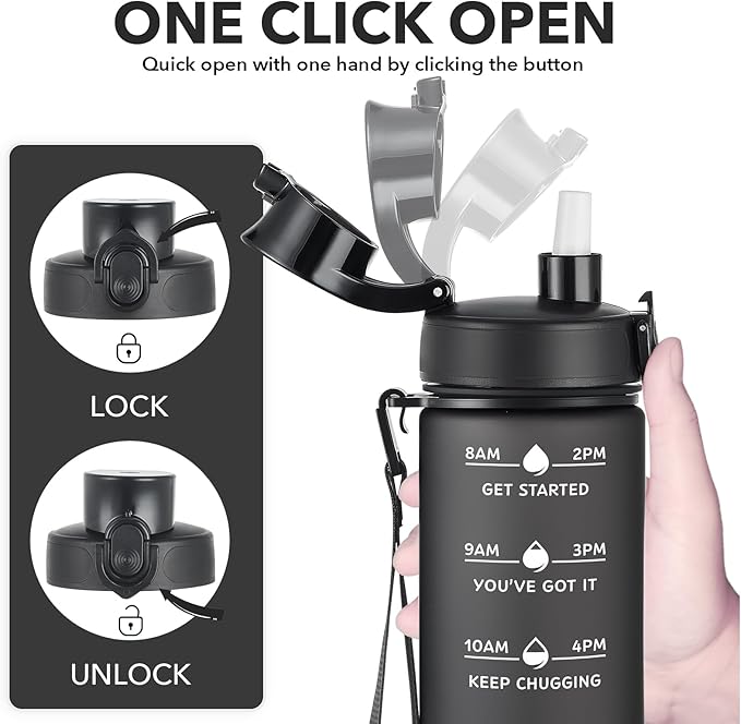 Enerbone Water Bottle, Leakproof BPA & Toxic Free, Motivational Water Bottle with Times to Drink and Straw, Fitness Sports Water Bottle with Strap for Office, Gym, Outdoor Sports