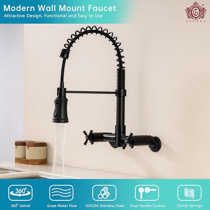 Wall Mount Kitchen Faucet, 8 Inch Center Wall Mount Faucet with Pull Down Sprayer, Commercial Spring Wall Faucet for Kitchen Sink, 3 Functions, Dual Handle, 304 Stainless Steel, Matte Black