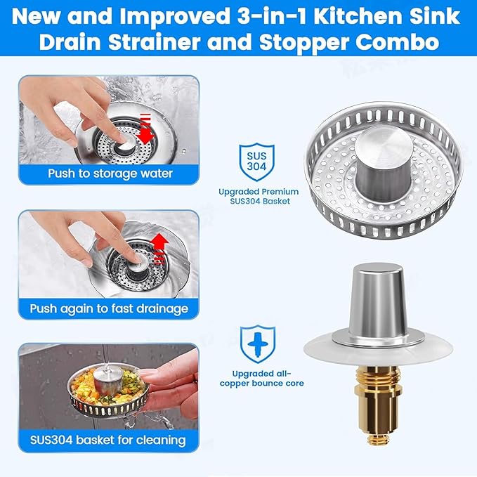 Upgraded 3-in-1 Kitchen Sink Drain Strainer Stopper 2025|Rust-Proof Strainer Basket |Universal Fit for Standard 3.5" Drains |Anti-Clog&Odor Filter |Efficient Drainage (Stainless Steel, 2 PCS)