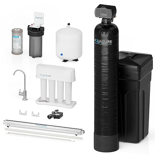 Aquasure Whole House 48,000 Grain Water Softener with 12 GPM UV Water Sterilizer System - Triple Purpose Pre-Filter - 75 GPD RO System Bundle