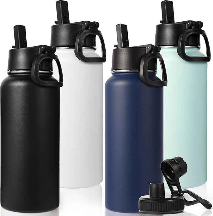 Neihepal 32 oz Insulated Water Bottles Bulk with 2 Lids (Straw & Spout Lid), Stainless Steel Double Wall Water Bottle, Keeps Cold 24H & Hot 12H (Mix,4 Pack)