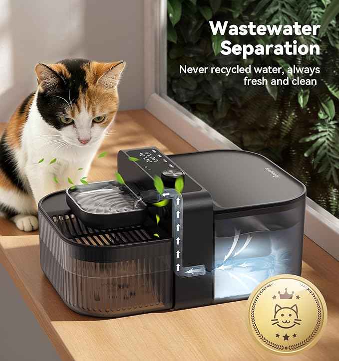 FEELNEEDY Wireless No Filters Cat Water Fountain, Wastewater Separation, Stainless Steel Bowl, 3000mAh 3.5L Pet Water Fountain for Indoor Cats & Dogs Dispenser, Black