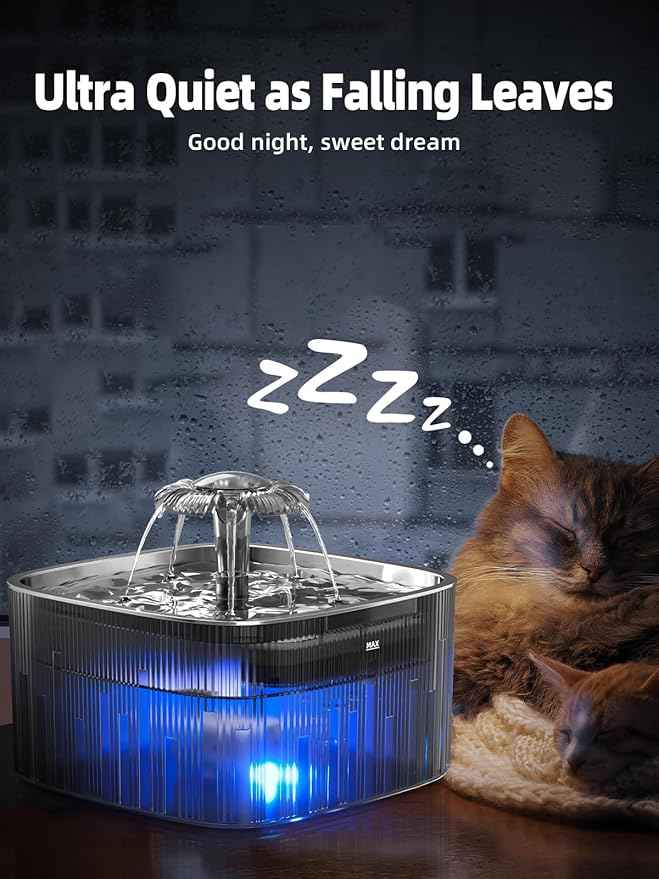 Cat Water Fountain: 75oz/2.2L Automatic Pet Water Dispenser for Cats with 304 Stainless Steel Water Tray, Musical Wave Design with LED Indicator Pet Water Fountain for Cats Inside