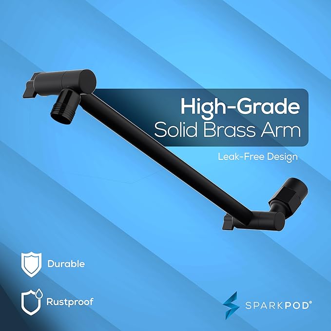SparkPod Square Rain Shower Head with Shower Head Extension Arm - High Pressure Rain - Luxury Modern Look - No Hassle Tool-less 1-Min Installation (11" Shower Arm Extension, Midnight Black Matte)