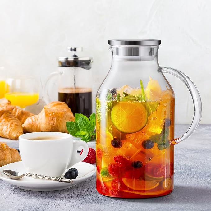 Bivvclaz 3 Liter 101 oz Glass Pitcher with Lid and Handle, Glass Water Pitcher for Fridge, Glass Carafe for Hot/Cold Water, Iced Tea Pitcher, Large Jug for Coffee, Juice and Homemade Beverage