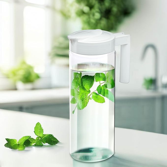 Amazing Abby - Skinny - 2-Pack Tritan Pitcher (64 oz), Unbreakable Plastic Water Pitcher with Lid, BPA-Free, Heat-Resistant, Dishwasher-Safe, Great for Both Iced and Hot Drinks, White