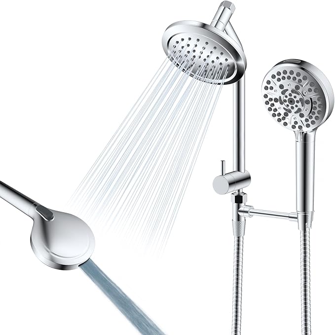 All Metal Dual Shower Head Easy Reach, High Pressure 10-Spray Handheld Shower & 6" Round Rainfall Shower Head Combo, Shower Extension Arm, 71" Hose, 3-way Diverter, Brass Shower Bracket, Chrome