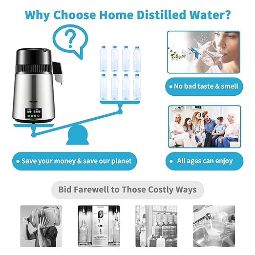 VEVOR 1.1 Gal Water Distiller, 0.3 Gal/H, Distilled Water Maker Machine 750W 0-99H Timing Set Temp Display, 304 Stainless Steel Countertop Distiller Glass Carafe Cleaning Powder 3 Carbon Packs, Silver