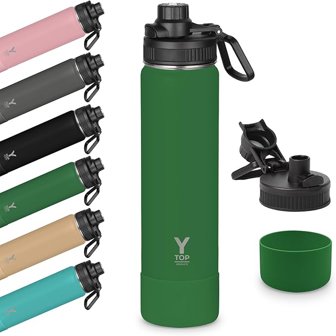 Y TOP 24oz Insulated Water Bottle Leak Proof Spout Lid Fits in Car Cup Holder – Double Wall Dishwasher Safe Easy Clean stainless steel drinking water bottle for Gym Kids Sports Travel Hiking School