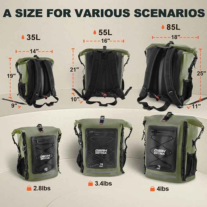 Waterproof Backpack Dry Bag 35L/55L/85L – Heavy Duty Roll-Top Hiking Backpack for Travel, Kayaking, Boating, Camping, Rafting and Fishing