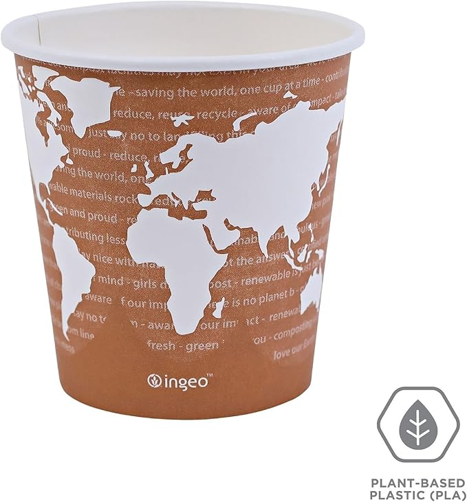 ECO PRODUCTS Compostable Disposable World Art 10oz Coffee Cups, Pack of 50, Renewable Hot Paper Cup, Plant Based PLA Lining, Color Coded