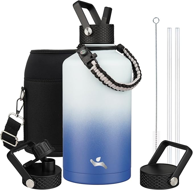 Insulated Water Bottle with Straw,87 oz 3 Lids Water Jug with Carrying Bag,Paracord Handle,Double Wall Vacuum Stainless Steel Metal Flask,Sky