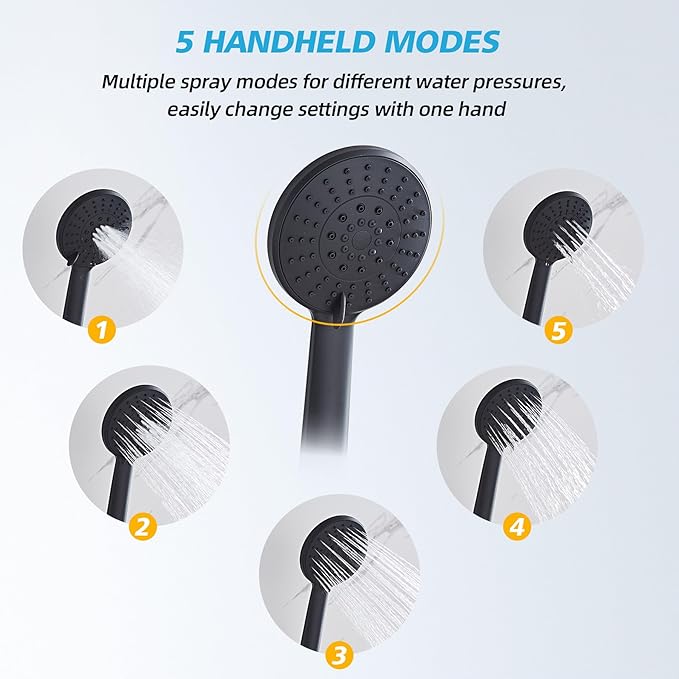 Shower Head Combo Matte Black, 8 Inch Rain Shower Head with Handheld 5 Spray Modes High Pressure Rainfall Shower Heads System, 15 Inch Shower Adjustable Extension Arm
