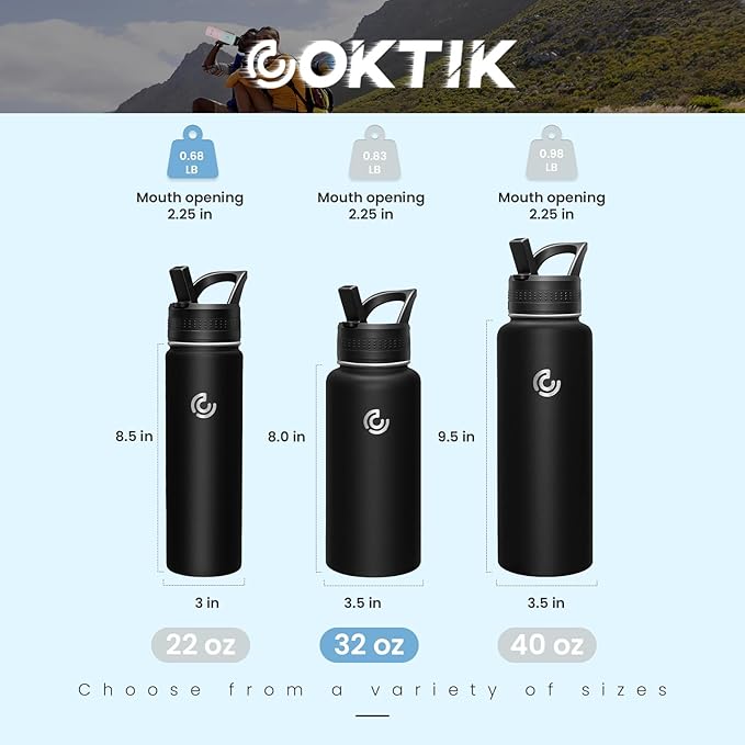 COKTIK 32oz Sports Water Bottle, Stainless Steel Water Bottle for Insulated, Reusable Travel Bottle, With Straw, With Handle Grip for Easy Carrying, Suitable for Cycling, Outdoor Vacations(Black)