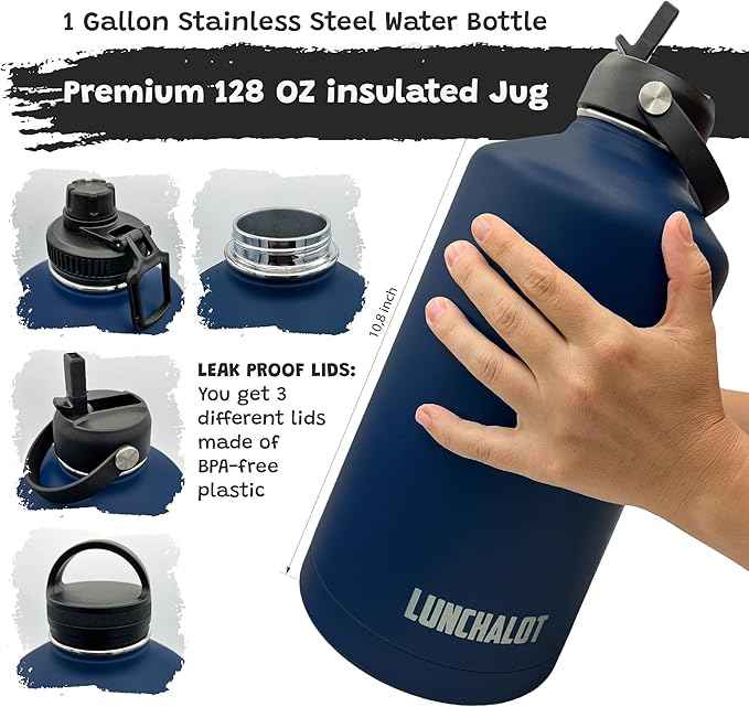 1 Gallon Water Bottle - 128 Oz Insulated Stainless Steel Metal Water Bottle with Holder - Carrying Bag - Spout Handle - Straw Lids - Keep Cold & Hot - Blue Tactical Flask