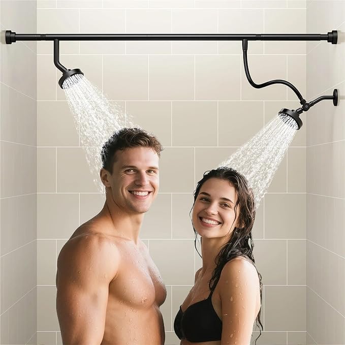Tandem Shower Head For Couples - Dual High Pressure Shower System For Two People With Adjustable Rod(Black)