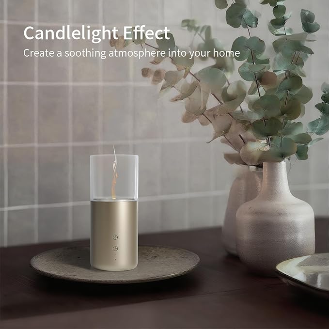 Essential Oil Diffuser, Candlelight Flame Effect with Cool Mist Small Humidifier for Room, 32ml Cordless Ultrasonic Scent Diffusers with Timer & Night Light for Home, Office