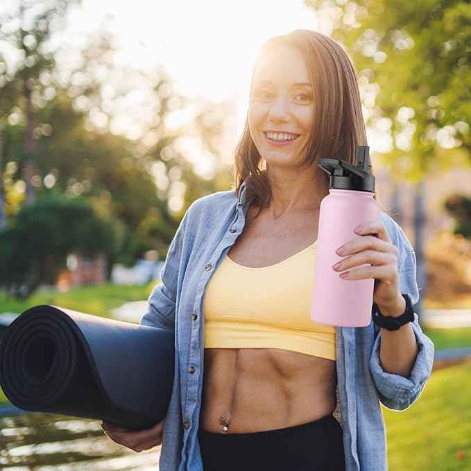 DOMICARE 32 oz Insulated Water Bottle, Vacuum Insulated Stainless Steel Sports Water Bottle with Straw Lid & Spout Lid, Leakproof, Reusable - Travel, Camping, Bike, Pink