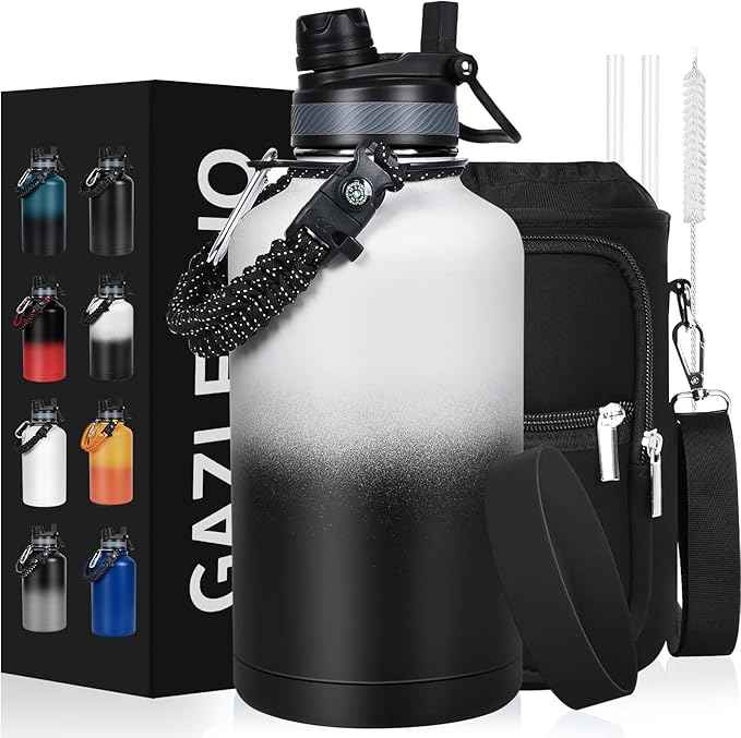 Insulated Water Bottle 64 oz, Half Gallon Water Jug Cold 48H, BPA Free Stainless Steel Bottles with Straw/Chug 2-in-1 Lid, Bag, Paracord Handle, Silicone Boot, Sports Gym School Metal Flask