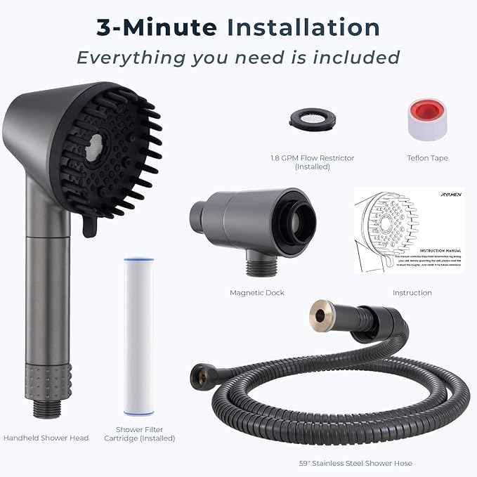 Ryamen 2026 Magnetic Filtered Shower Head with Handheld– High Pressure Showerhead with Power Wash Mode, Chlorine Removal, Massage Brush, Pressure Adjustable, One-Touch Pause & Stainless Steel Hose