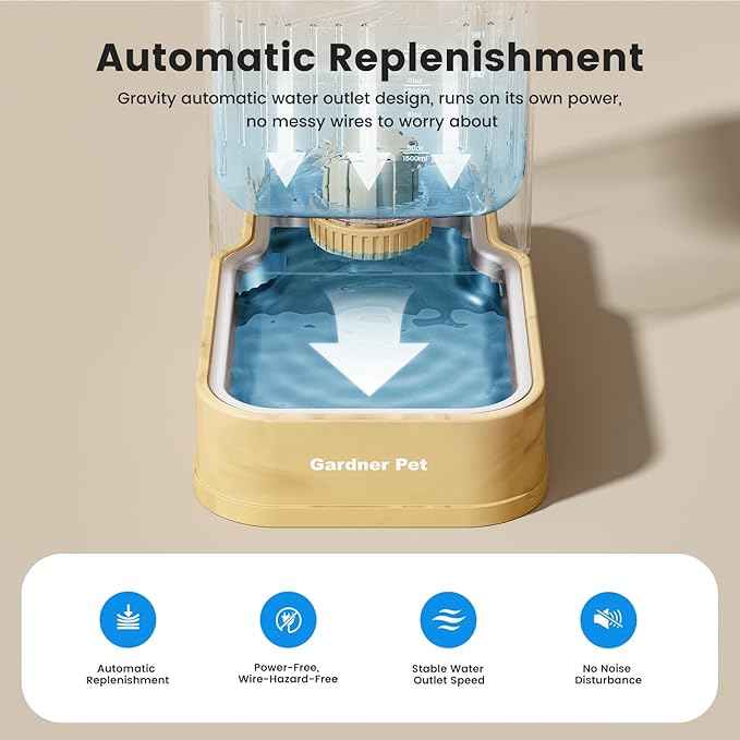 Gardner Pet 2.2 Gallon Automatic Dog Water Bowl Dispenser 8.5L Gravity Water Feeder with Stainless Steel Bowl & Maifan Stone Filter, BPA-Free for for Cats and Dogs (Brown, 2.2 Gallon)