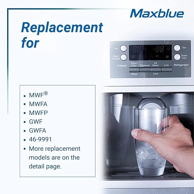 Maxblue MB-F13 Replacement for GE® MWF®, SmartWater® MWFP, MWFINT, MWFA, GWF, HDX FMG-1, GSE25GSHECSS, WFC1201, RWF1060, Kenmore® 9991, Refrigerator Water Filter, 3 Filters