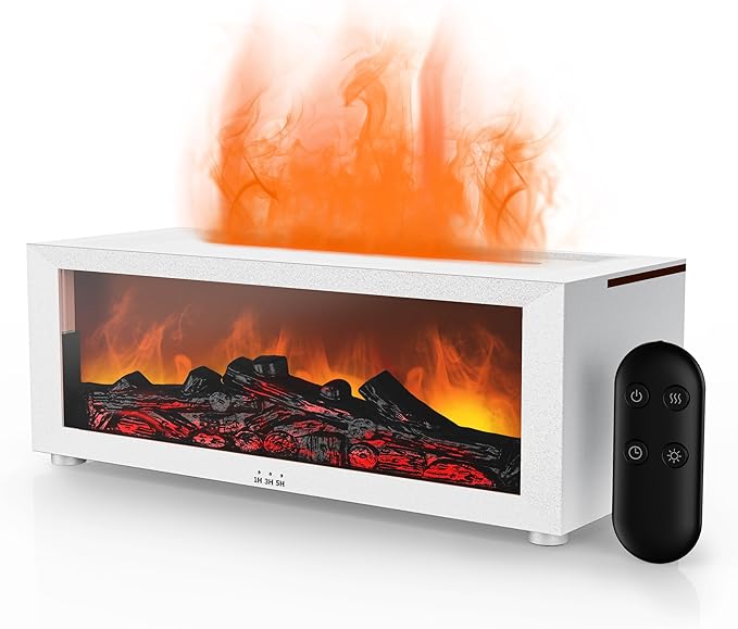 Fireplace Flame Air Diffuser Humidifier,7 Colors Aromatherapy Essential Oil Diffuser,Ultrasonic Aroma Humidifier with Timer for Home,Bedroom,Office,Yoga (WhiteA, L)