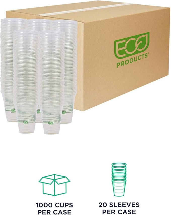 ECO PRODUCTS GreenStripe Clear Compostable 12oz PLA Plastic Cups, Case of 1000, Disposable Renewable Plant-Based Cold Cups, For Cold Drinks & Snacks, BPI Certified, ASTM Compliant.