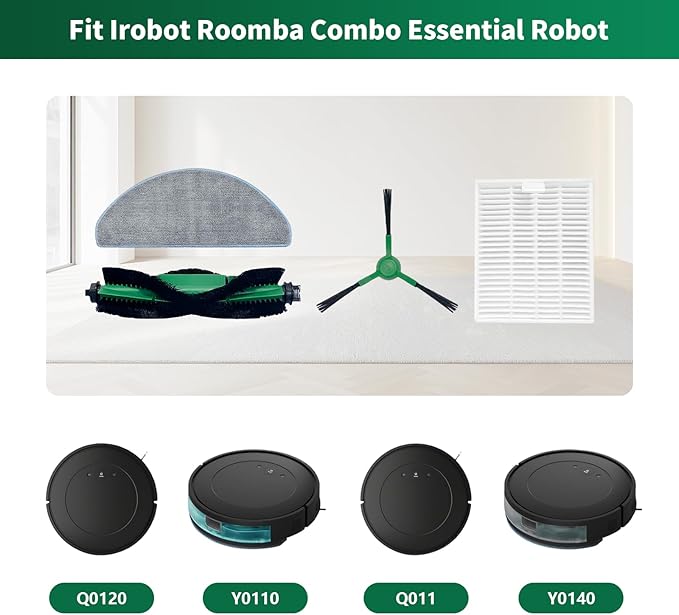 Replacement Parts compatible with iRobot Roomba Essential Series Y0140 Y0110 Y0112 Robot Vacuum Cleaner, Accessrioes inclue 2 Main Brush, 4 Mop Pad，6 Hepa Filter, 8 Side Brush - AquaVibe