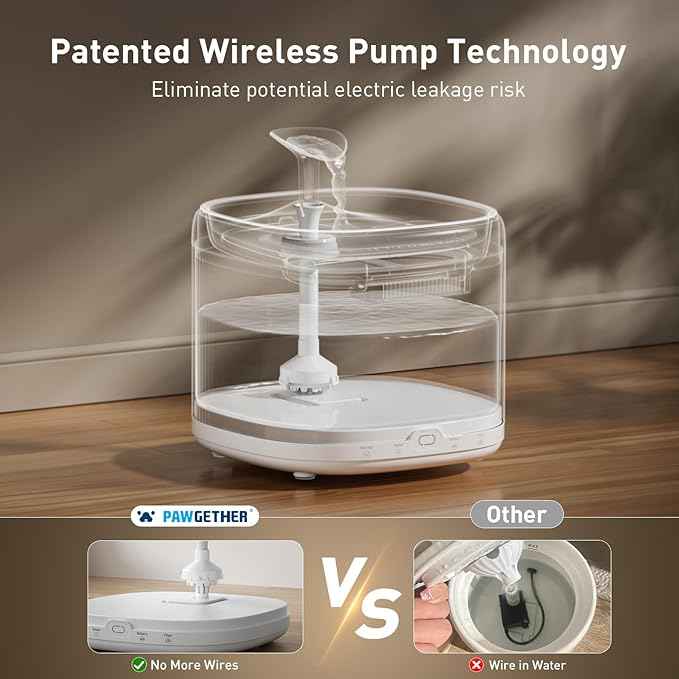 PAWGETHER® Cat Water Fountain 1 Filter Included + Extra 3 Replacement Filters, Ultra Quiet Pumpless Cat Fountain with Stainless Steel Tray, 67oz/2L Cat Fountains for Drinking with 360° Motion Sensor