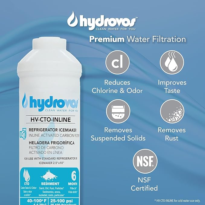 HYDROVOS 10-Inch Inline Water Filter for Ice Maker, Refrigerator, Dishwasher, Reverse Osmosis System, Post Activated Carbon Cartridge Reduces Chlorine, 1/4" NPT Threaded Connection, Bulk Pack