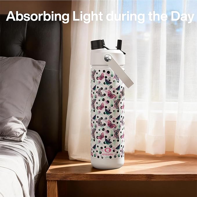 ENCOOL Insulated Water Bottle with Straw Stainless Steel Water Bottle, Glow in the Dark, Leak-Proof, BPA-Free, Keeps Cold for 24 Hours for Sports, Travel, School (26 oz, White Butterfly)