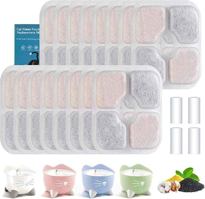 Cat Water Fountain Filter Replacement for Catit Pixi, 16-Pack Triple Action Pet Fountain Filters with 4 Water Pump Tubes (16 Filters + 4 Tubes)