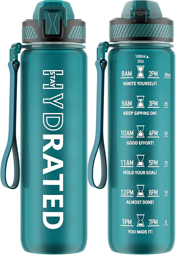 Water Bottle with Straw, 32oz Motivational Water Bottles with Time Marker to Drink, Tritan BPA Free, 1L Sports Water Bottle with Carry Strap LeakProof for Women Gym Fitness Outdoor (1 Pack)